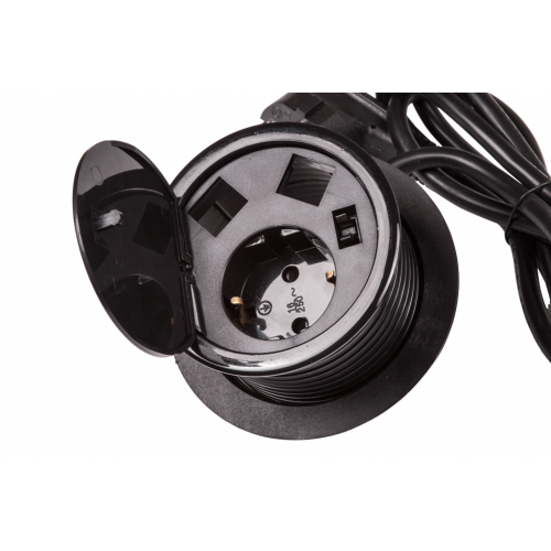 Desktop grommet box for two Keystone modules and one power socket with 1.8 m cord, black